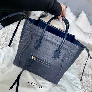 Celine Phantom Luggage in croc embossed navy blue - size large